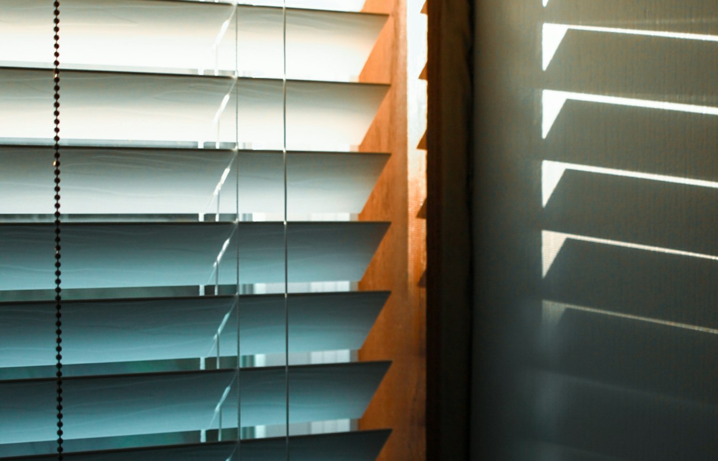 Faux wood blinds in a Richmond, BC living room on an overcast coastal day